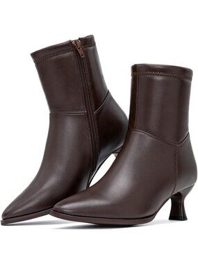 Women's Dark Brown Ankle Boots with Kitten Heel Pointed Toe Dressy Booties